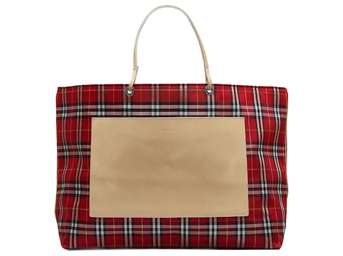 Red Burberry Plaid Nylon Tote Bag Leather  ref.1192941