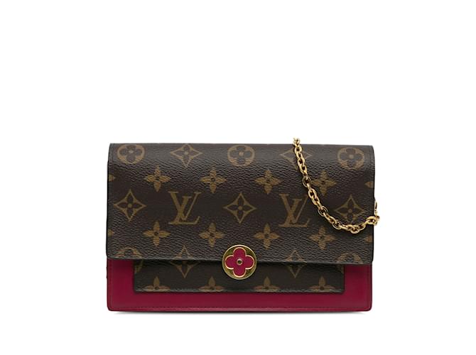Portefeuille marron Louis Vuitton Monogram Flore sur sac à bandoulière en chaîne Toile  ref.1192975