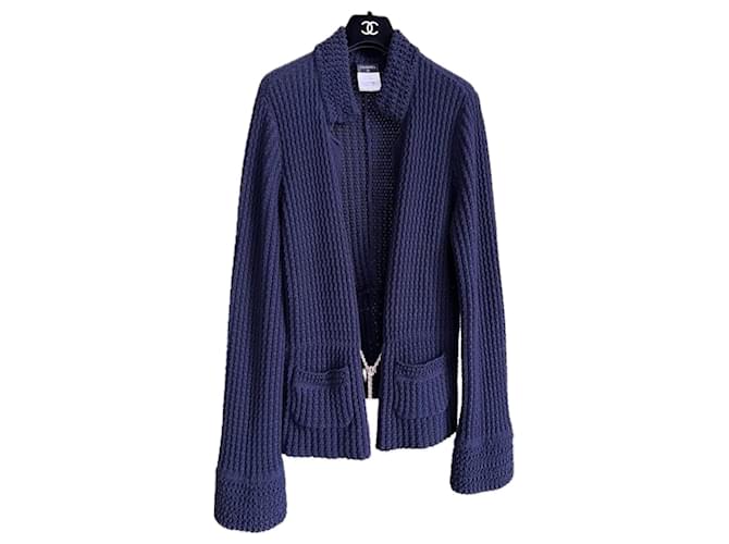 Chanel Giacca cardigan con accento a catena Blu navy Cotone  ref.1193052