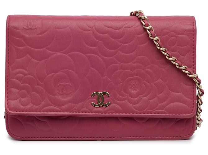 Wallet On Chain Portefeuille camélia rose Chanel sur chaîne Cuir Veau façon poulain  ref.1193343