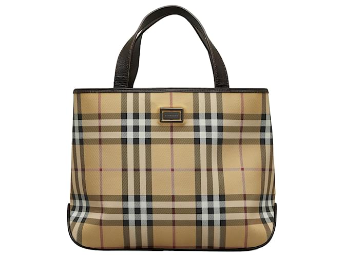 Burberry Brown House Check Handbag Beige Leather Cloth Pony-style calfskin Cloth  ref.1193345