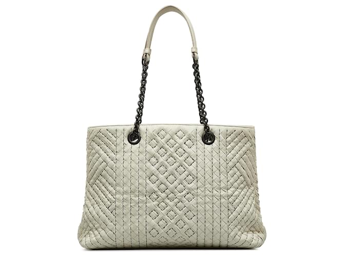 Bottega Veneta White Medium Intrecciato Stitched Double Chain Tote Leather Pony-style calfskin  ref.1193390