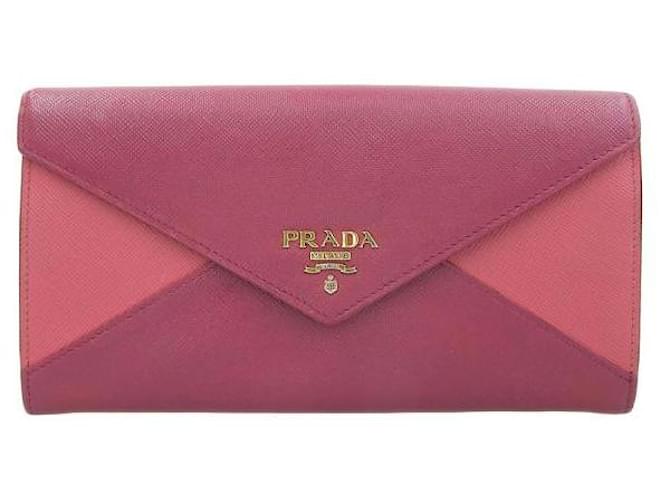 Prada Portefeuille Enveloppe Saffiano Bicolore en Très Bon État Cuir Rose  ref.1193431