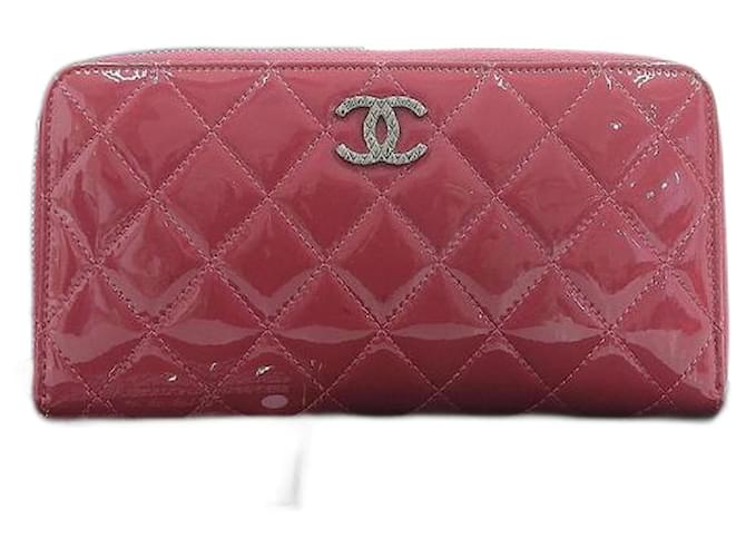 Chanel Portefeuille long zippé CC breveté A50106 Cuir Cuir vernis Rose  ref.1193462