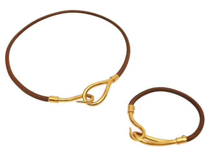 Conjunto de gargantilha e pulseira de couro dourado marrom claro Hermès Jumbo Hook & Loop