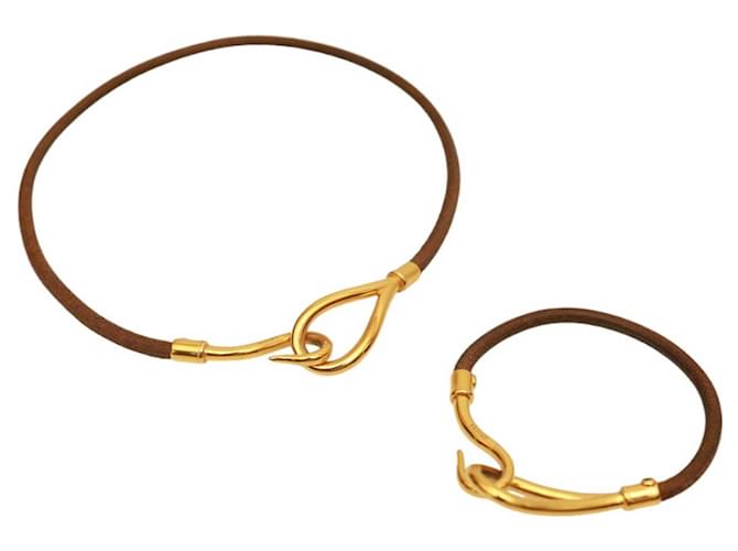Hermès Conjunto de gargantilla y pulsera de cuero dorado marrón claro con gancho y bucle Jumbo Castaño  ref.1193582
