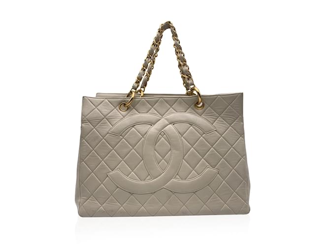 Chanel Sacola Vintage Grand Shopping Bege Couro  ref.1194378