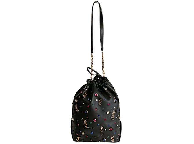 Saint Laurent Saint Laurent Teddy Bucket shoulder bag in black leather with multicolored stones  ref.1194730