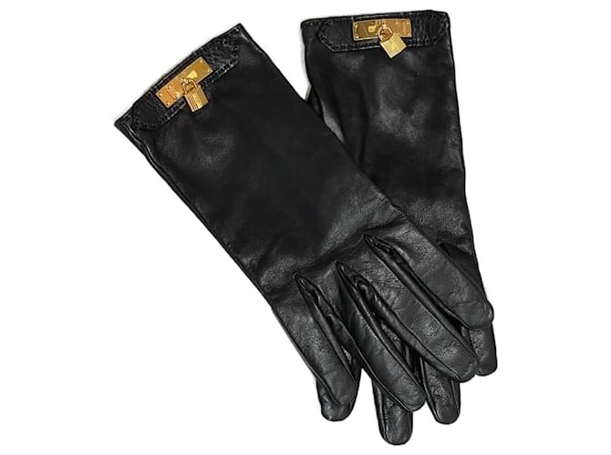 Kelly Hermès Luvas HERMES T.polegadas 7 Couro Preto