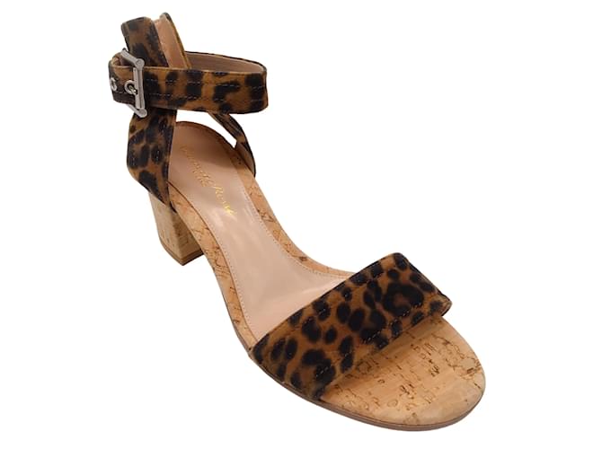 Autre Marque Gianvito Rossi Brown / Black Leopard Printed Suede Ankle Strap Cork Heel Sandals  ref.1195146