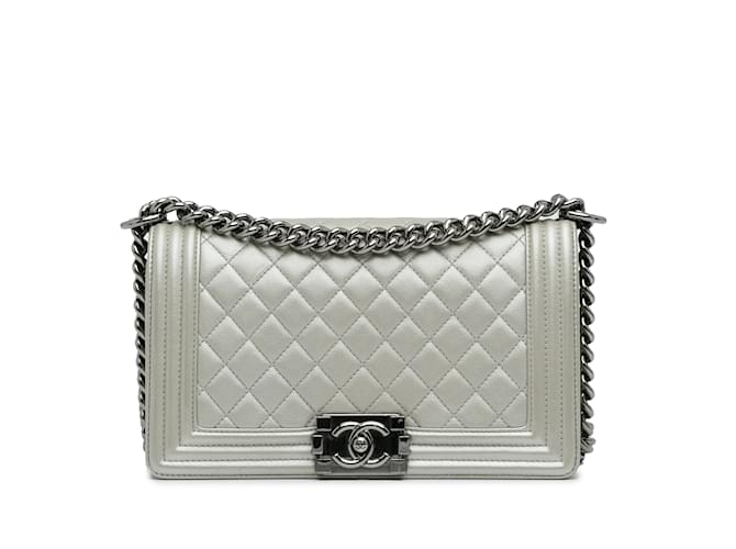 Silver Chanel Medium Caviar Boy Flap Bag Silvery Leather  ref.1195175