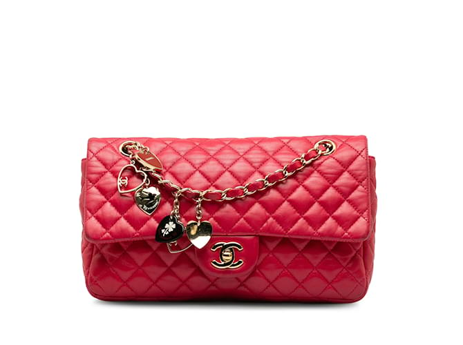 Red Chanel Medium Lambskin Valentine Heart Charms Single Flap Shoulder Bag Leather  ref.1195270