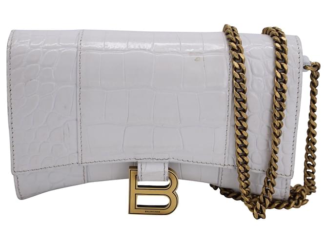 Balenciaga Crocodile Embossed Hourglass Wallet On Chain in White Calfskin Leather Pony-style calfskin  ref.1195940