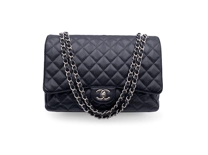 Chanel Black Quilted Caviar Maxi Timeless Classic 2.55 Double Flap Bag Leather  ref.1195951