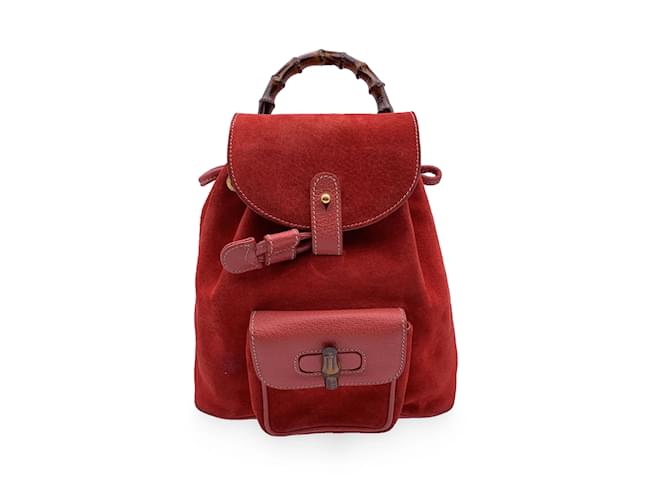 Gucci Bolsa de ombro pequena mochila de camurça vermelha vintage de bambu Vermelho Suécia  ref.1195952