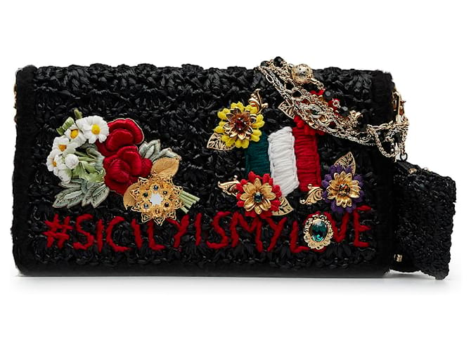 Dolce & Gabbana Dolce&Gabbana Borsa a tracolla in paglia nera con decorazioni I Love Sicily e perline Nero  ref.1196440