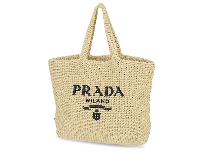 Borsa tote Prada con logo in rafia marrone Beige  ref.1196476