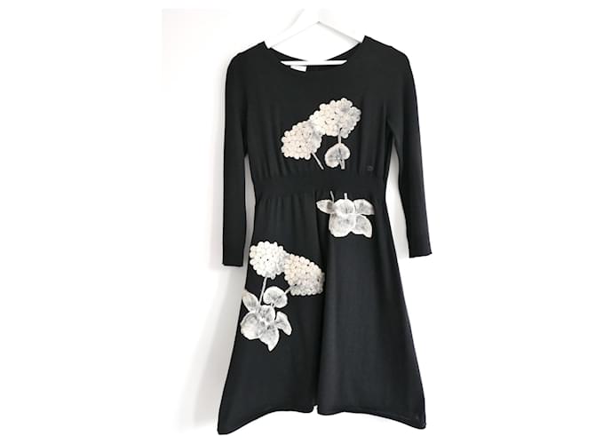 Chanel 2007 Floral Applique Cashmere Dress Black  ref.1196761