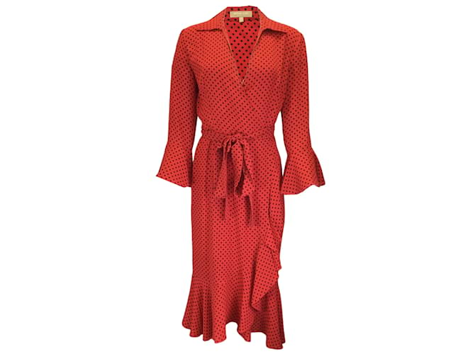 Autre Marque Michael Kors Collection Red / Black Polka Dot Printed Long Sleeved Wrap Dress Synthetic  ref.1197411