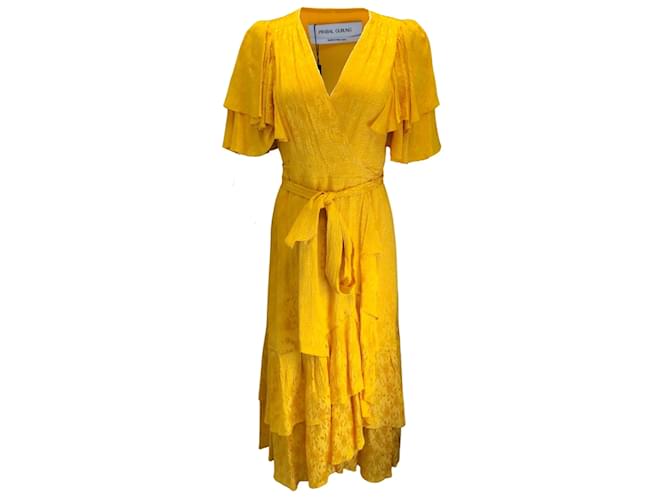 Autre Marque Prabal Gurung Saffron Ruffled Satin Wrap Dress Yellow Viscose  ref.1197413