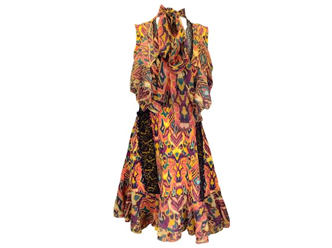 Autre Marque Prabal Gurung Multicolored Printed Tie-Neck Lace Trimmed Silk Dress Multiple colors  ref.1197414