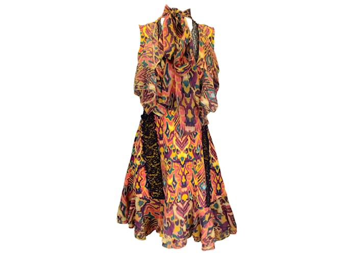 Prabal Gurung Multicolored Printed Tie-Neck Lace Trimmed Silk Dress Multiple colors  ref.1197414