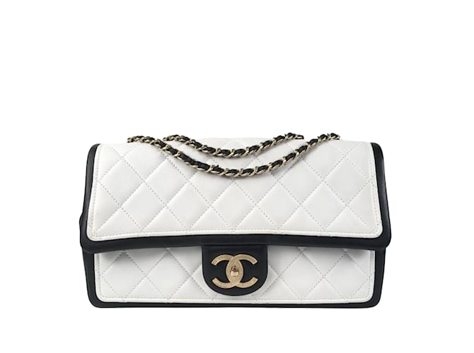 White Chanel Medium Bicolor Graphic Flap Bag Leather  ref.1197424