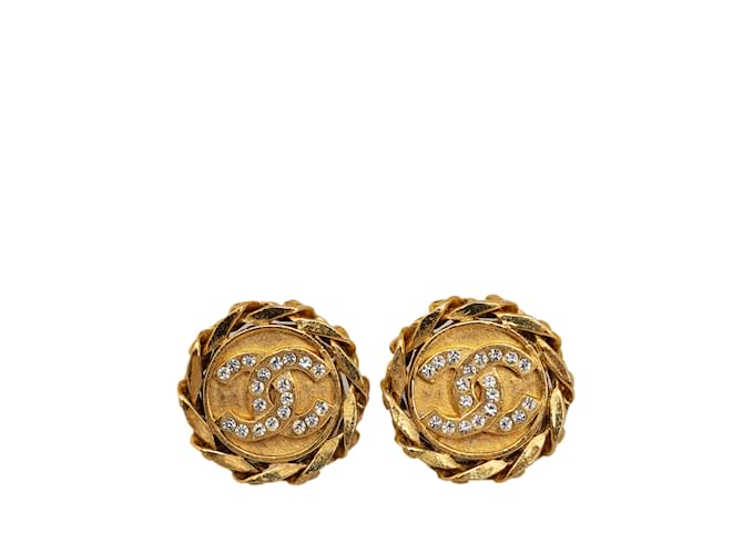 Gold Chanel CC Rhinestone Clip on Earrings Golden  ref.1197498
