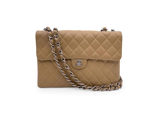 Chanel Vintage Beige Quilted Caviar Jumbo Timeless Classic Flap Bag Leather  ref.1197775