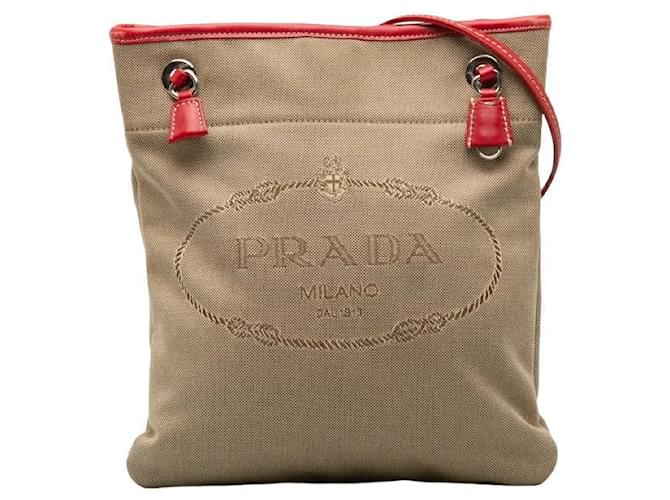 Bolsa transversal de lona e couro com logo jacquard da Prada em bom estado Bege  ref.1197996