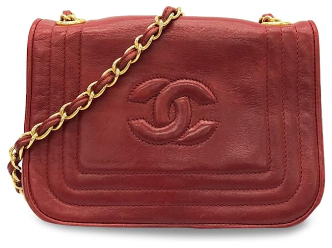 Chanel Red Mini CC Stitch Aba de pele de cordeiro Vermelho Couro  ref.1198131
