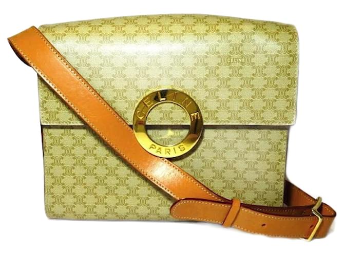 Céline Bolsa de ombro antiga Celine Macadam Circle Logo em boas condições Marrom Lona  ref.1198189