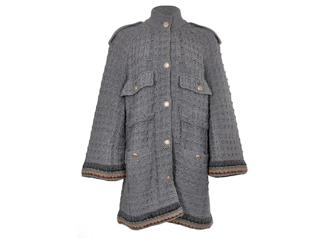 Chanel Manteau en tricot oversize CC Buttons Laine Gris  ref.1198230