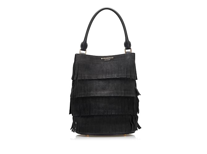 Black Burberry Suede Fringe Bucket Bag Leather  ref.1199164