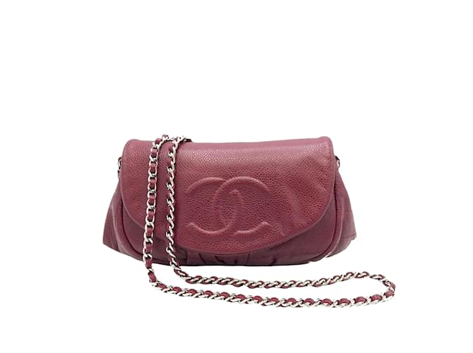 Wallet On Chain Portefeuille en cuir caviar demi-lune Chanel rouge sur sac à bandoulière chaîne  ref.1199167