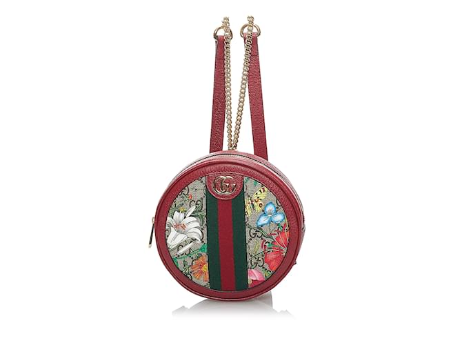 Red Gucci GG Supreme Flora Ophidia Round Backpack Leather  ref.1199186