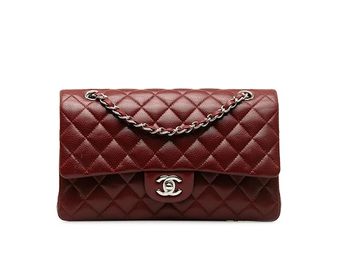 Burgundy Chanel Medium Classic Caviar Double Flap Shoulder Bag Dark red Leather  ref.1199217