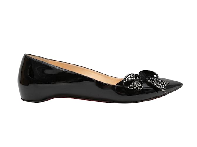 Black Christian Louboutin Patent Crystal Bow-Accented Flats Size 39.5 Cloth  ref.1199245