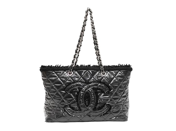 Black Chanel Quilted Cotton Fringe & PVC Tote Bag  ref.1199278