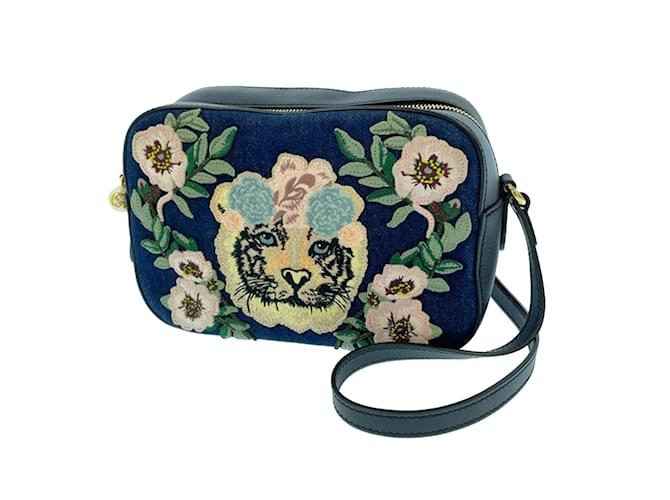 Blue Gucci Denim Flower upperr Camera Bag Leather  ref.1199324