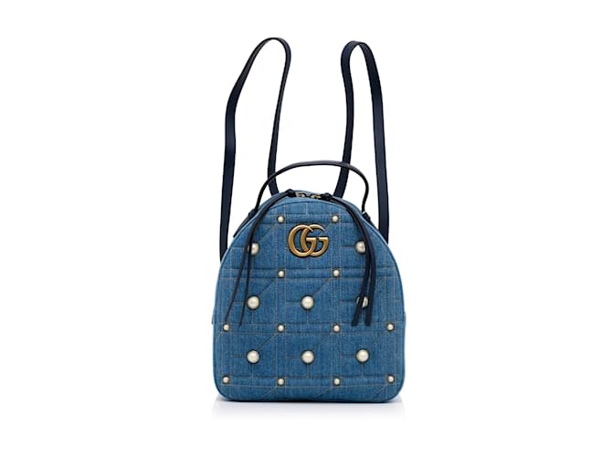 Mochila pequeña de mezclilla azul con GG Marmont y perlas de Gucci Cuero  ref.1199326
