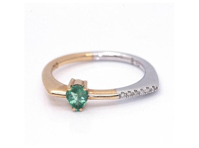 Autre Marque Bicolour Gold and Emerald FLAT Ring. Silvery Golden Green White gold Pink gold  ref.1199388