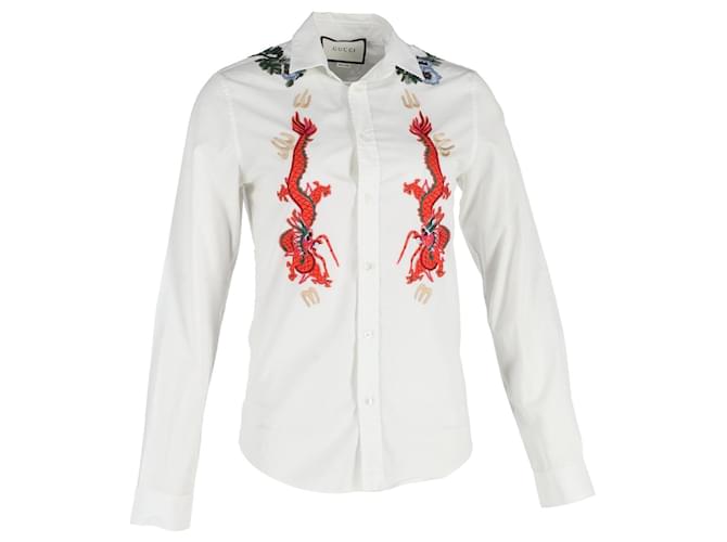 Gucci Dragon-Embroidered Button-Up Shirt in White Cotton  ref.1199450
