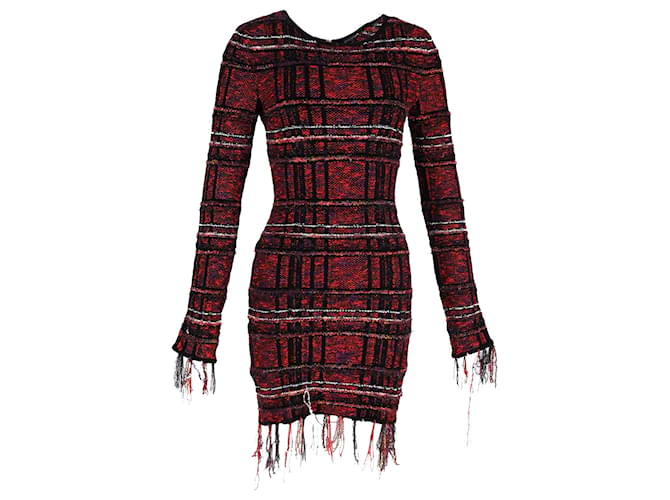 Balmain Checked Tweed Fringed Long Sleeve Mini Dress in Red Viscose Cellulose fibre  ref.1199460
