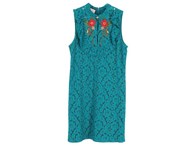 Gucci Floral-Embroidered Lace Mini Dress in Turquoise Cotton  ref.1199461