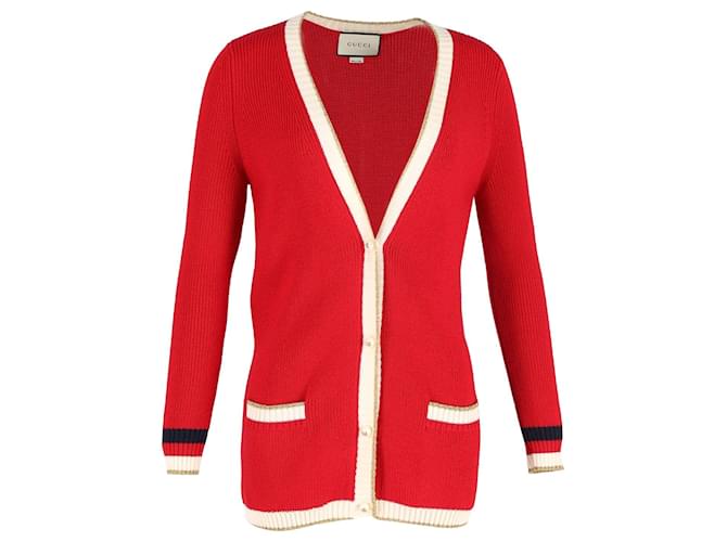 Gucci Metallic-Trimmed Cardigan in Red Wool  ref.1199462