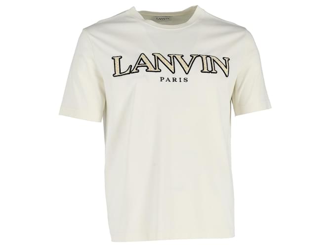 T-shirt Lanvin à logo brodé en coton crème Blanc Écru  ref.1199464