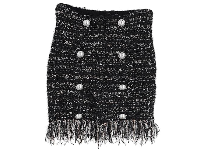 Balmain Balmaın 8-Tweed-Rock mit Fransen und Knöpfen aus schwarzer Viskose Zellulosefaser  ref.1199471