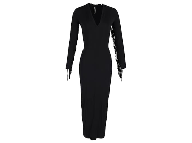 Alessandra Rich Fringed V-neck Maxi Dress in Black Silk  ref.1199484