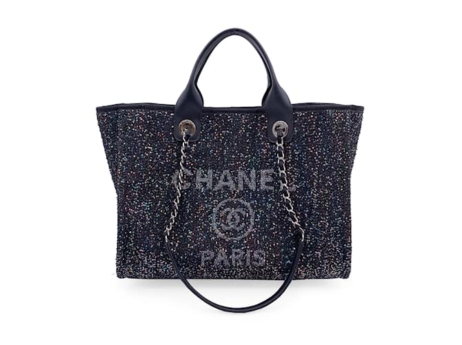 Chanel Bolso tote Deauville mediano de lona brillante con lentejuelas negras Negro Lienzo  ref.1199488